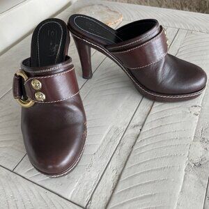 COACH PRE-OWNED CLAUDE #A0400 CHESTNUT BROWN LEATHER MULE SLIDE BOOT HIGH HEEL 7